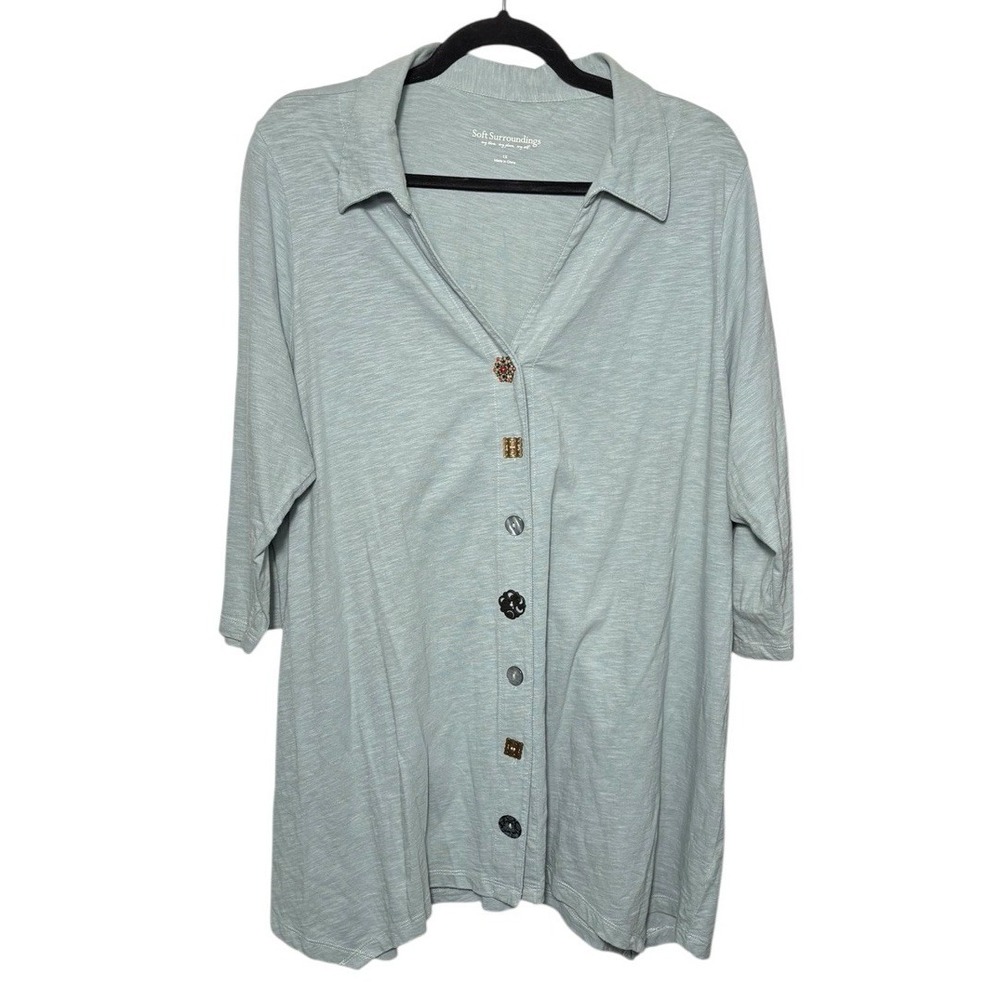 Soft Surroundings Danielle Embellished Button Down Shirt Size 1X Blue